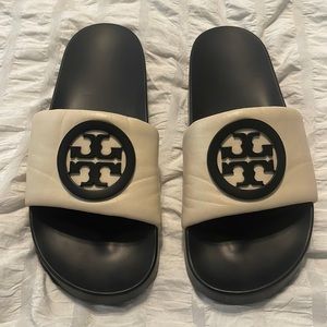 Tory Burch leather black and white slides size 9